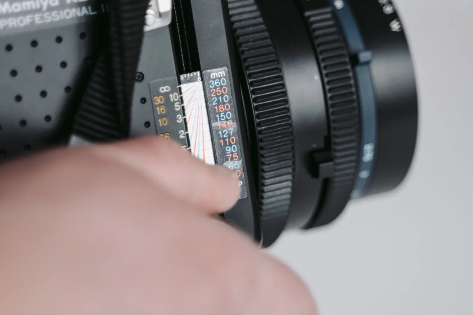 A hand adjusting the focus ring on a camera lens, close up