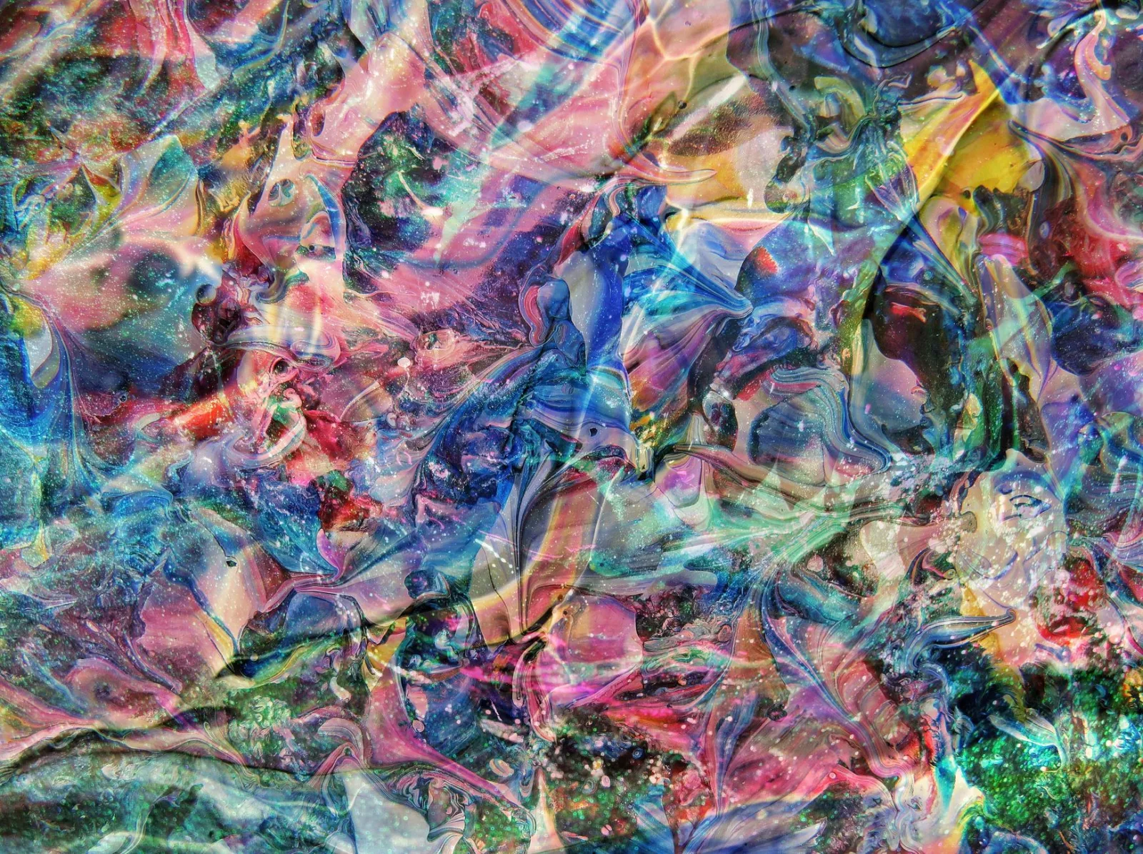 An abstract composition of bright overlapping colours resembling digital artwork